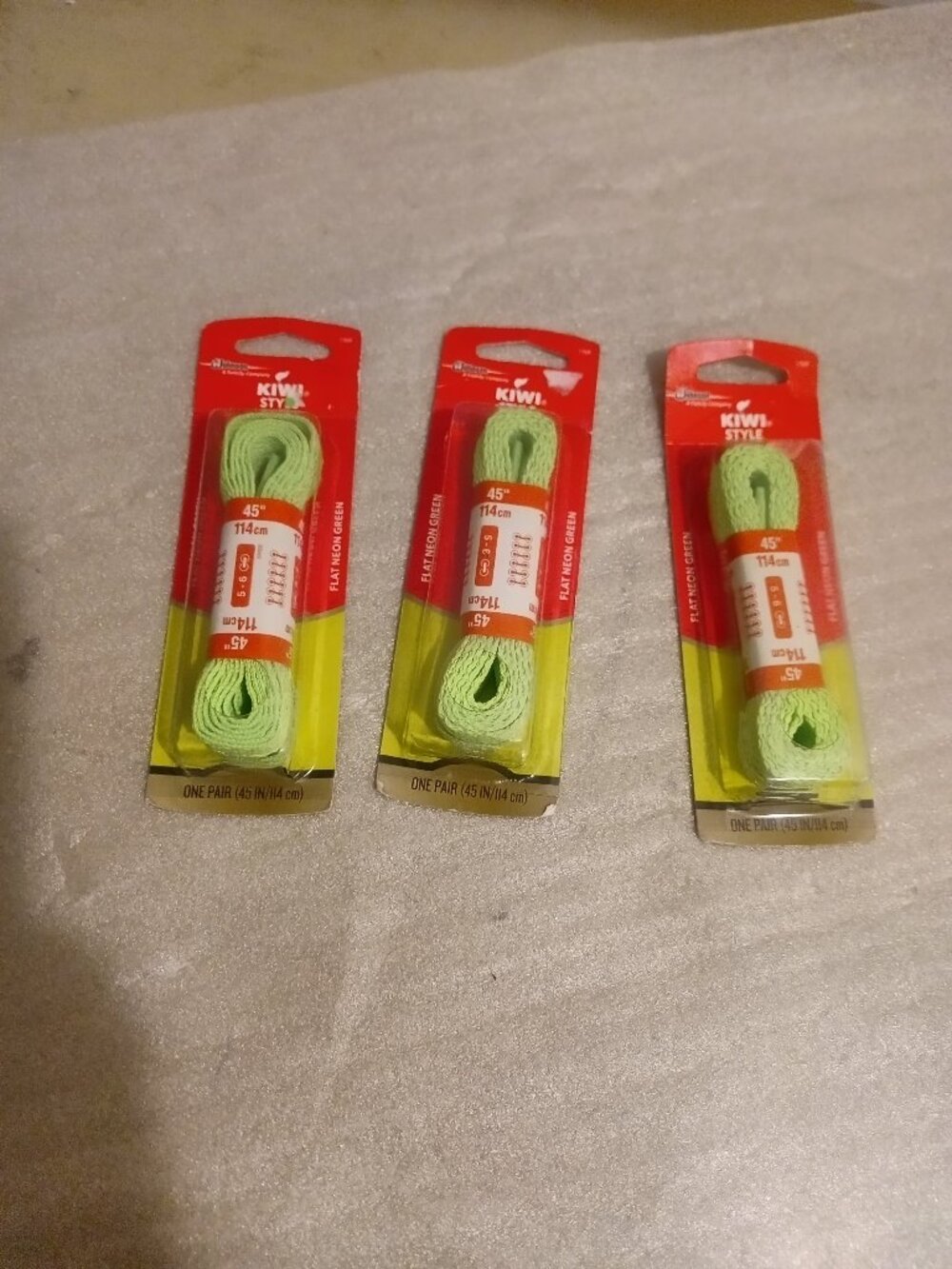 3x ~KIWI Flat Style, Neon Green, Shoe Laces, One Pair Each Pack, 45" LONG